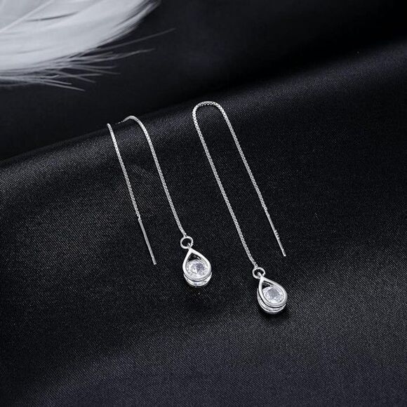 Gold 925 Sterling Silver Threader Earrings CZ Droplet Chain Dangle Earrings - Picture 4 of 5